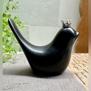 New Small Sleek Black Resin Bird w/ Silver Tone Crown Decor Figurine - 3”